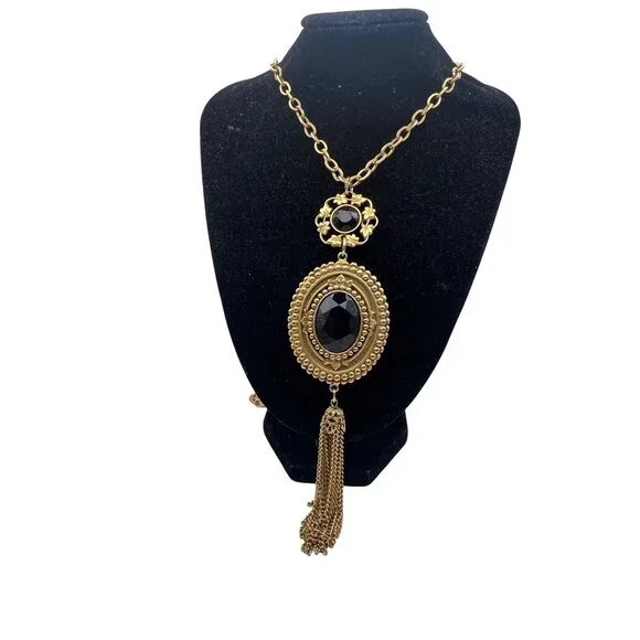 Gold Tone Victorian Revival Necklace Black Glass Medallions Tassel Pendant 36" - Picture 12 of 13